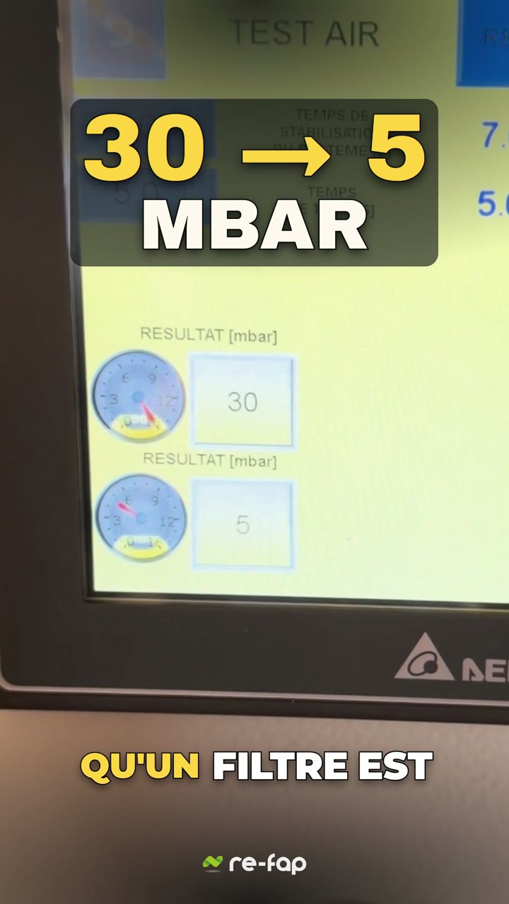 Machine Re-FAP : mesure de la contre-pression avant et après nettoyage (30 mbar avant, 5 mbar après)