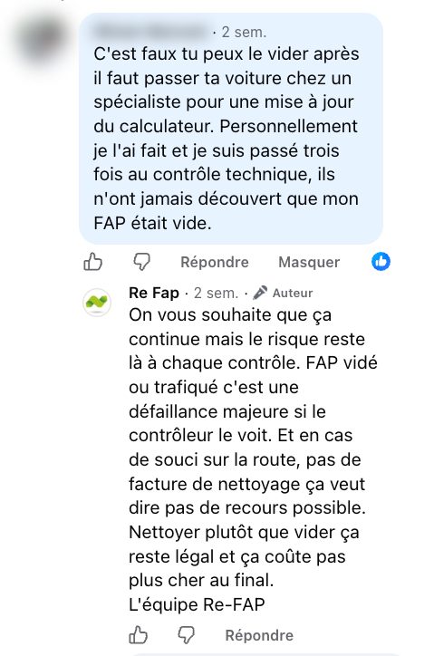 Capture de l'échange Facebook du 8 octobre 2026 sous une vidéo Re-FAP : la question et la réponse publiée par Re-FAP (nom et photo masqués)