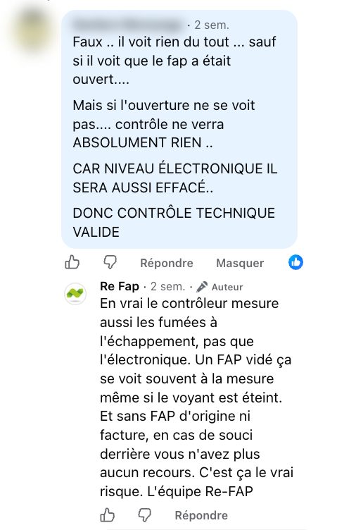 Capture de l'échange Facebook du 8 octobre 2026 sous une vidéo Re-FAP : la question et la réponse publiée par Re-FAP (nom et photo masqués)