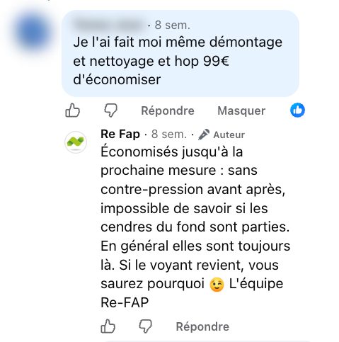 Capture de l'échange Facebook du 27 août 2026 sous une vidéo Re-FAP : la question et la réponse publiée par Re-FAP (nom et photo masqués)