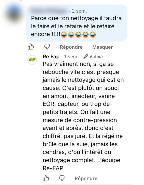 Capture de l'échange Facebook du 10 octobre 2026 sous une vidéo Re-FAP : la question et la réponse publiée par Re-FAP (nom et photo masqués)