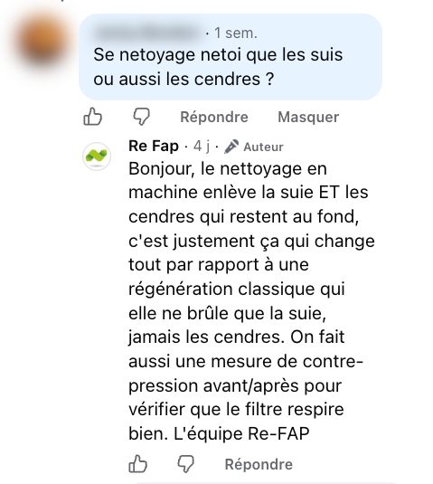 Capture de l'échange Facebook du 12 octobre 2026 sous une vidéo Re-FAP : la question et la réponse publiée par Re-FAP (nom et photo masqués)