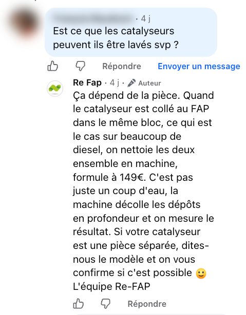 Capture de l'échange Facebook du 20 octobre 2026 sous une vidéo Re-FAP : la question et la réponse publiée par Re-FAP (nom et photo masqués)