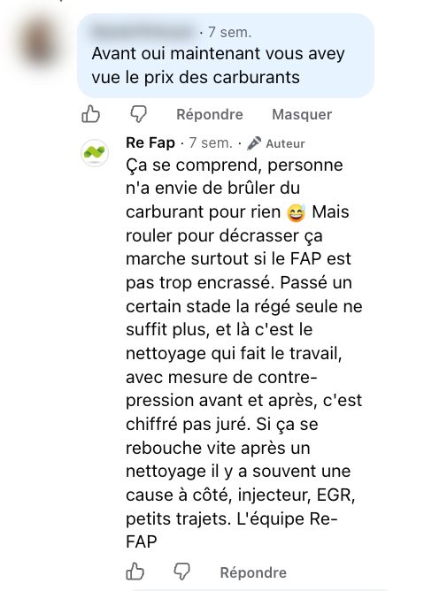 Capture de l'échange Facebook du 1 septembre 2026 sous une vidéo Re-FAP : la question et la réponse publiée par Re-FAP (nom et photo masqués)