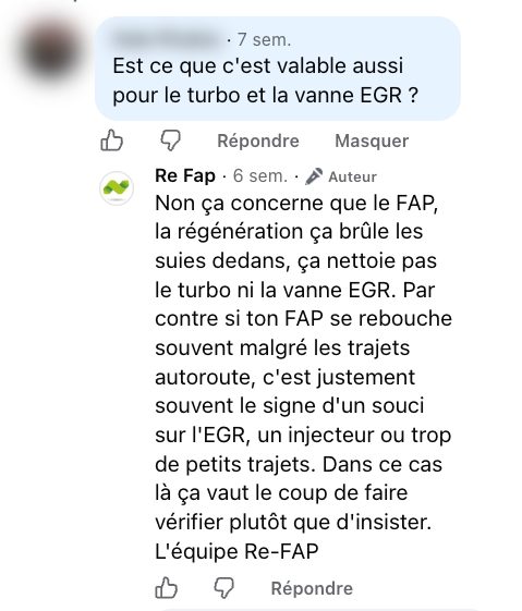 Capture de l'échange Facebook du 6 septembre 2026 sous une vidéo Re-FAP : la question et la réponse publiée par Re-FAP (nom et photo masqués)