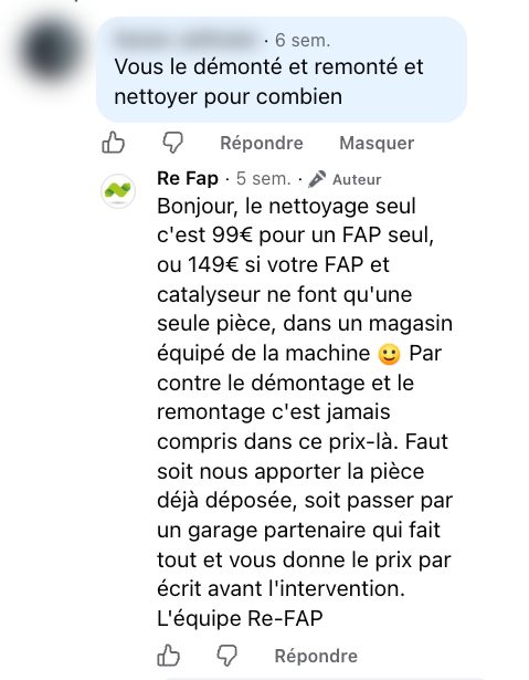 Capture de l'échange Facebook du 12 septembre 2026 sous une vidéo Re-FAP : la question et la réponse publiée par Re-FAP (nom et photo masqués)