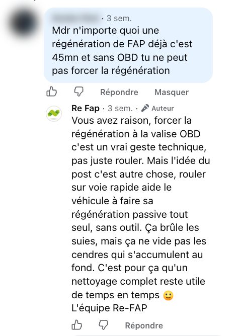 Capture de l'échange Facebook du 3 octobre 2026 sous une vidéo Re-FAP : la question et la réponse publiée par Re-FAP (nom et photo masqués)