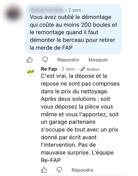 Capture de l'échange Facebook du 7 octobre 2026 sous une vidéo Re-FAP : la question et la réponse publiée par Re-FAP (nom et photo masqués)